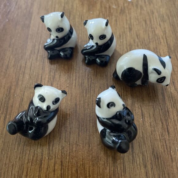 5pc vintage Mini Panda Ceramic Animal Figurines Porcelain Miniatures Collectible - Picture 1 of 4